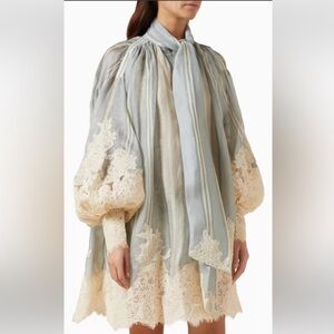 Zimmermann Lyrical Lace Edge Linen Silk Mini Dress Sz 0
